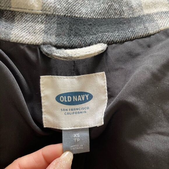 Old Navy black cream plaid winter pea coat double breasted xs small - Picture 5 of 10